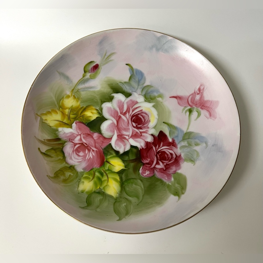 VTG Lefton China Hand Painted Decorative Porcelain Plate Pink Roses SL2816 8 in